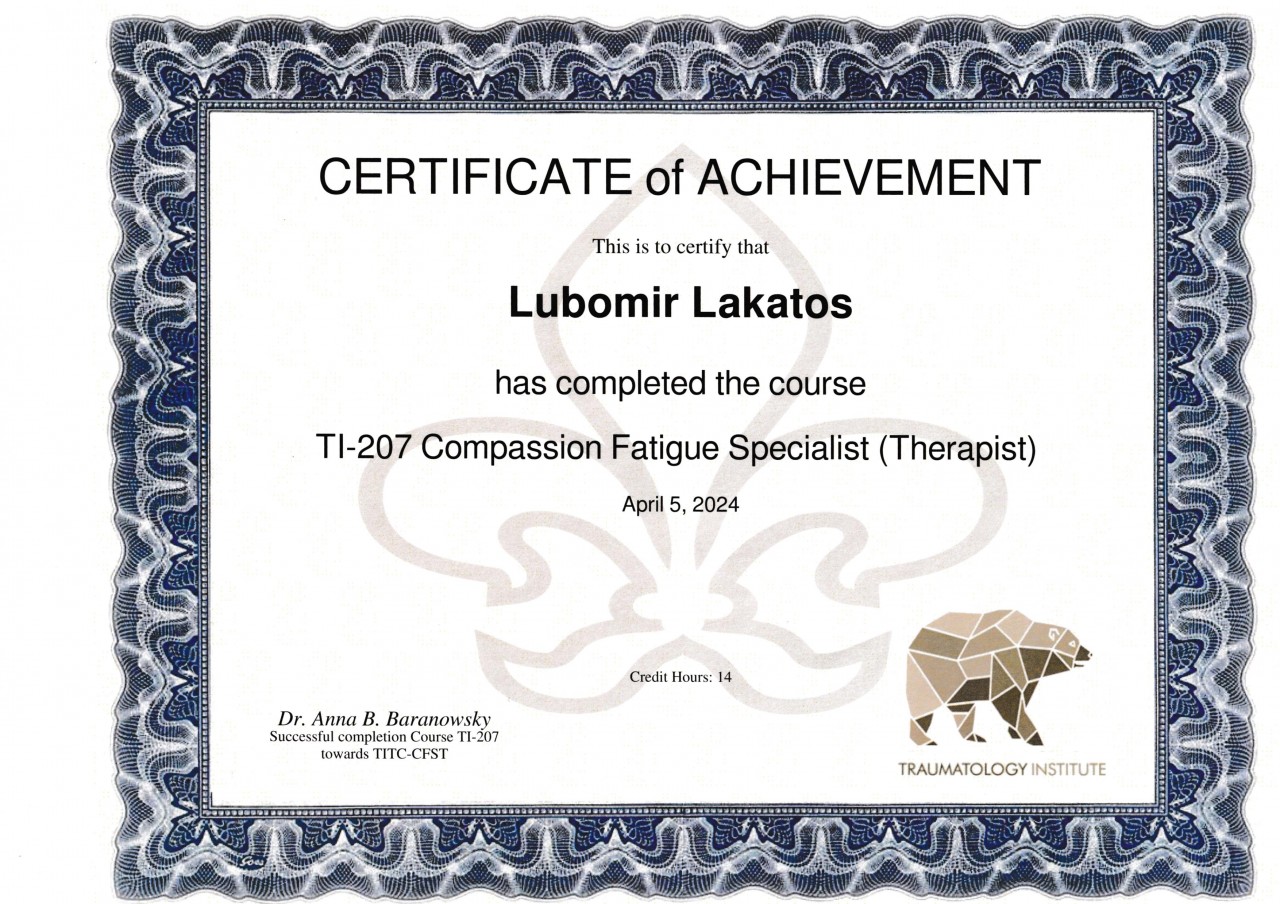 Dr. Lubomir Lakatos, D.Sc., Ph.D., M.Sc., B.B.A., Clinical Traumatologist (TITC-C.T.), Community Workplace Traumatologist (TITC-C.W.T.), Prof. h.c., Dr. h.c. (Humanities, Grace Ladies Global Academy, North Carolina).
