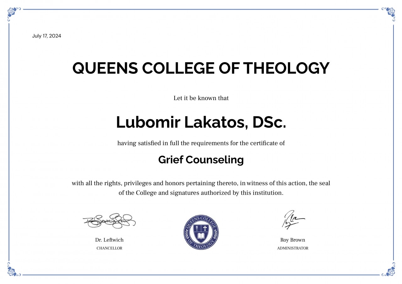 Dr. Lubomir Lakatos, D.Sc., Ph.D., M.Sc., B.B.A., Clinical Traumatologist (TITC-C.T.), Community Workplace Traumatologist (TITC-C.W.T.), Prof. h.c., Dr. h.c. (Humanities, Grace Ladies Global Academy, North Carolina).
